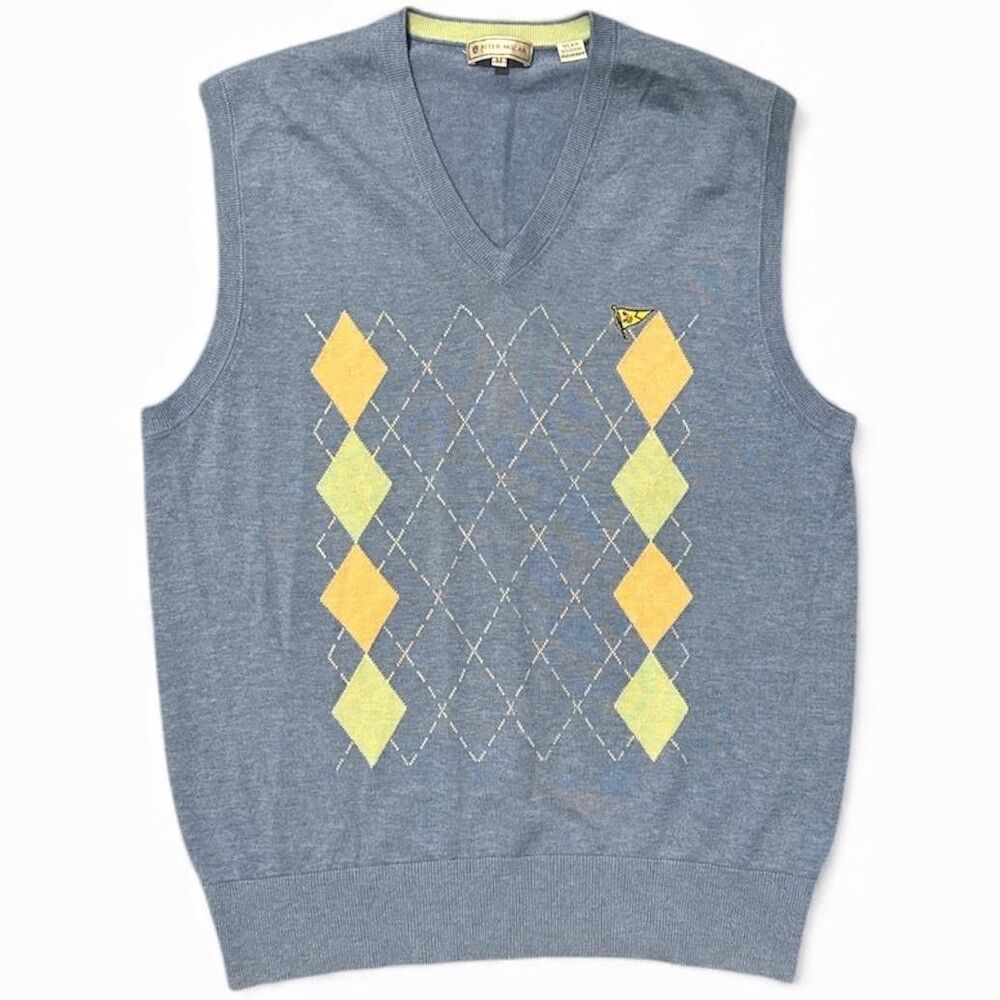 Peter Millar Argyle Sweater Vest Sz M Blue Silk Cashmere V-Neck Golf Embroidered